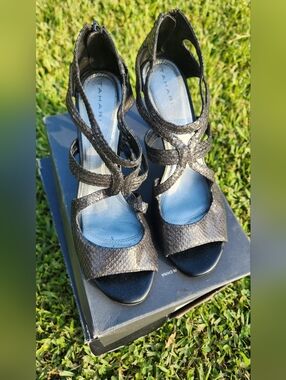 Pewter snakeskin high heels